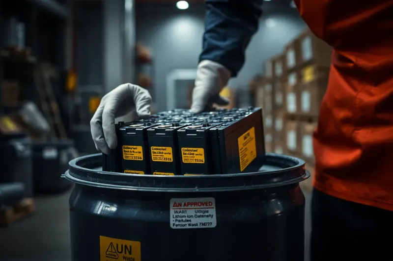 Worker placing lithium-ion battery modules into UN-approved hazardous waste container