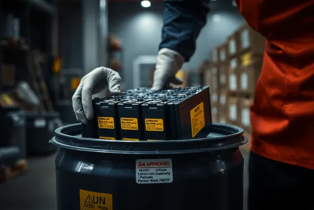 UN-approved drum for lithium-ion battery collection with hazardous waste labelling