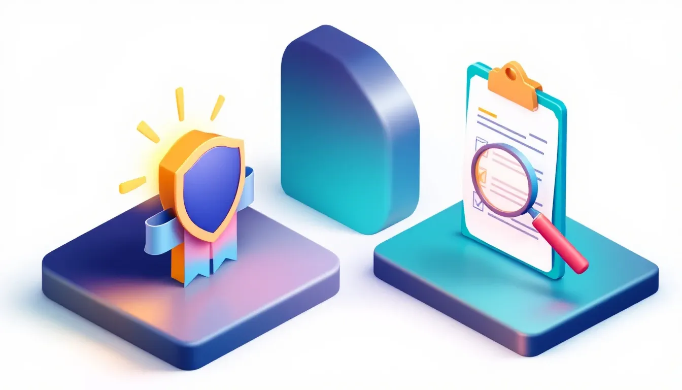 Isometric illustration comparing a battery compliance scheme badge with an audited compliance checklist