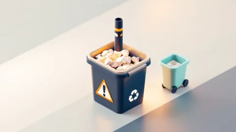 Isometric illustration of a vape in a warning-marked waste bin beside a recycling takeback bin
