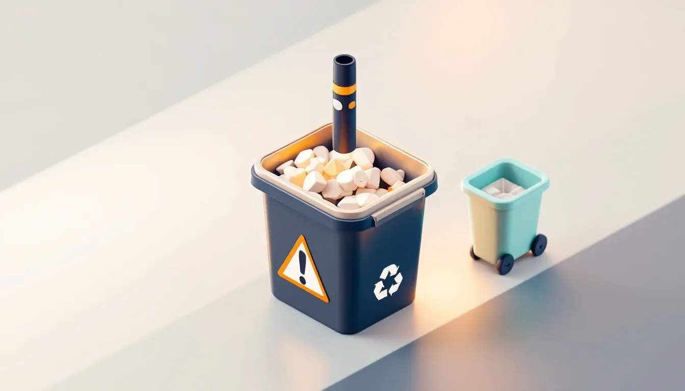 Isometric illustration of a vape in a warning-marked waste bin beside a recycling takeback bin