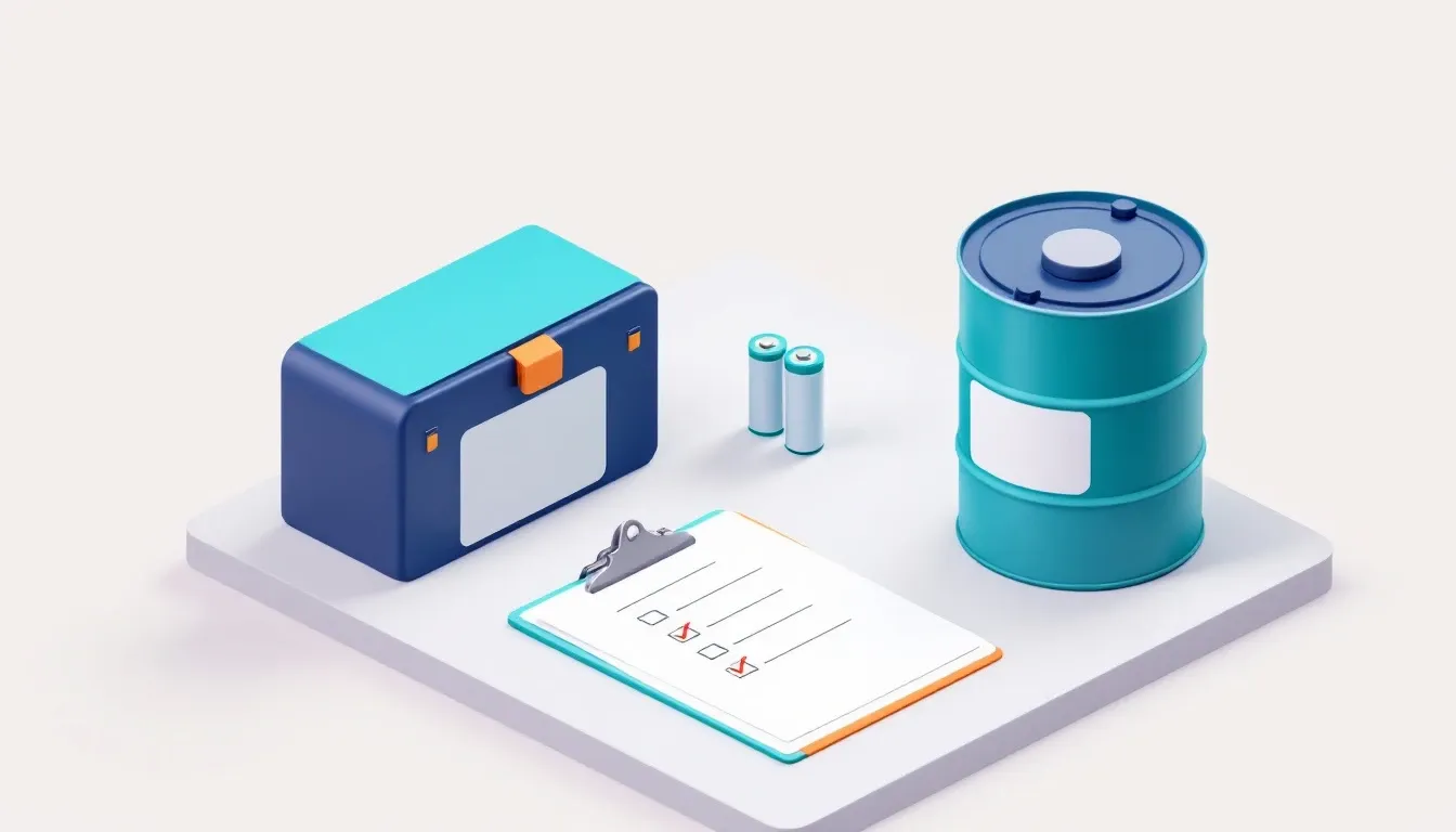 Isometric illustration of lithium batteries, a collection drum and a disposal checklist