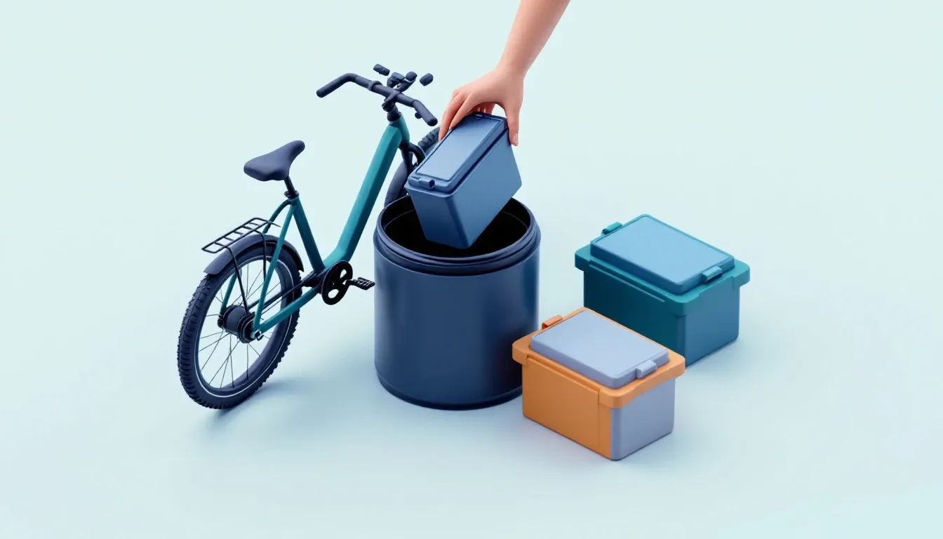 Isometric illustration of an e-bike battery pack being placed into a navy collection drum for e-bike battery disposal, with more packs stacked beside it