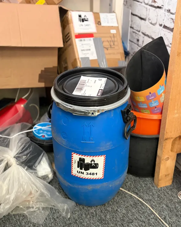 30L UN-approved drum with UN 3481 label in an I Love Vapour stockroom, ready for battery collection