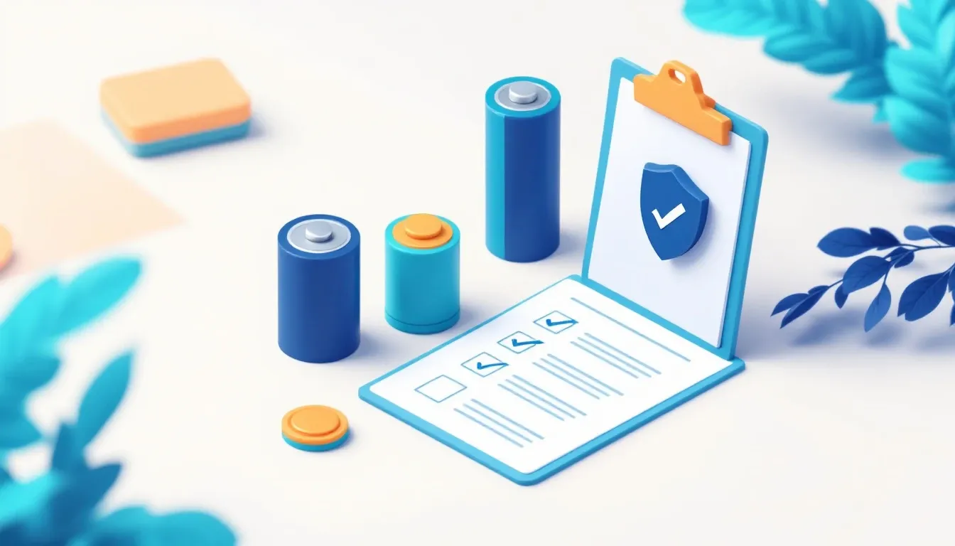 Isometric illustration of assorted lithium batteries beside a compliance checklist and shield