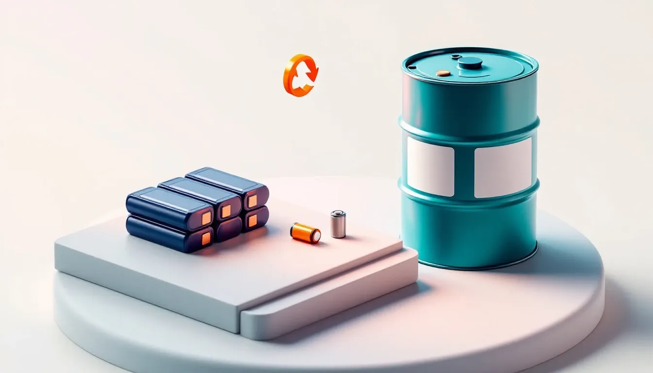 Isometric illustration of navy lithium battery packs and loose cells beside a teal collection drum for lithium battery disposal