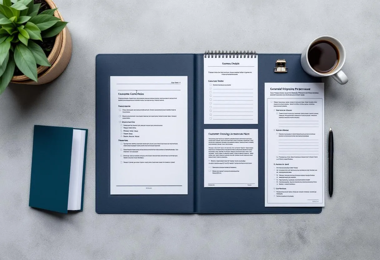 A printed Cell Comply vape retailer setup pack on a desk: navy document folder, checklists, takeback notice and SOP pages.