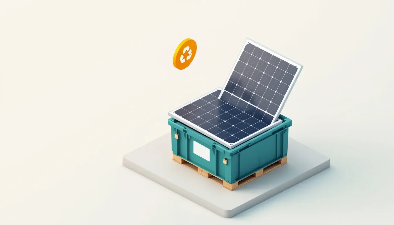 Isometric illustration of decommissioned solar panels in a collection crate, representing compliant solar panel disposal and recycling in the UK
