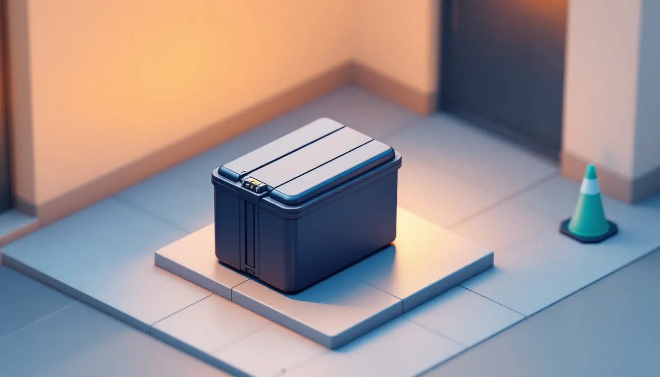 Isometric illustration of a swollen e-bike battery isolated outdoors on a concrete slab with an amber warning glow and a teal safety cone
