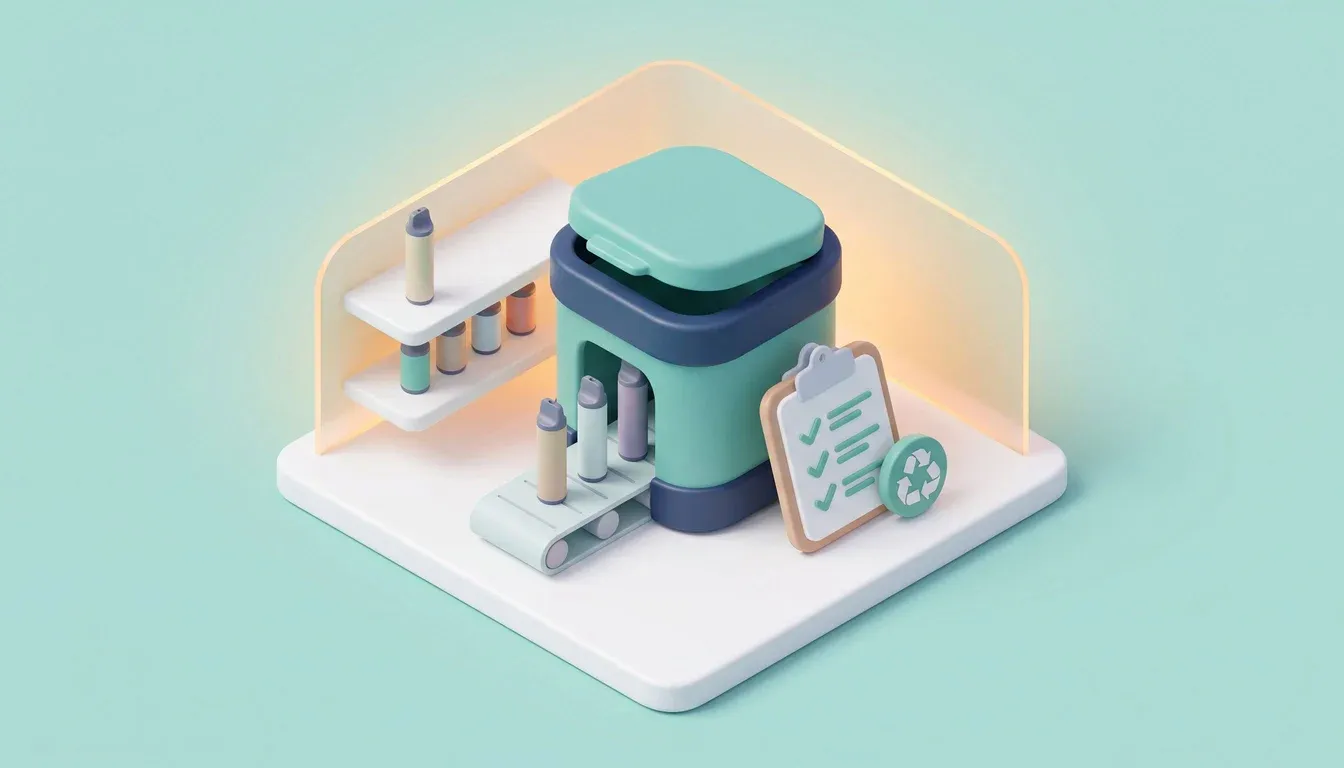 Isometric illustration showing vape recycling for retailers with a takeback container, returned vapes and compliance paperwork