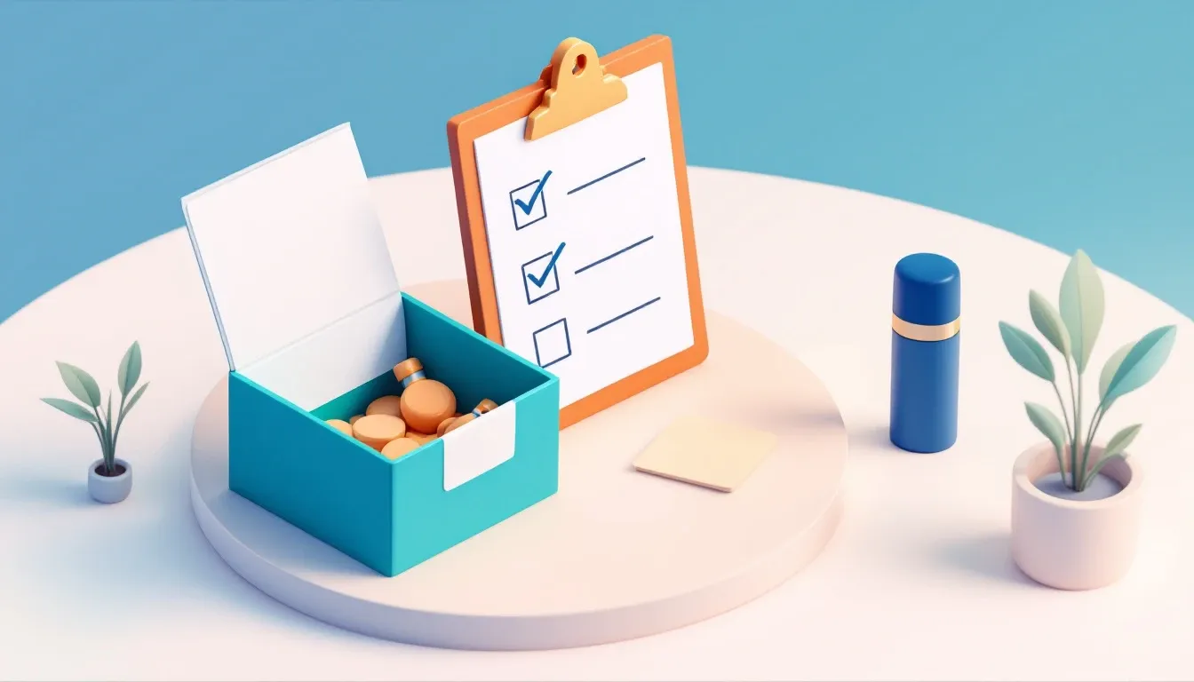 Isometric illustration of a vape takeback box and compliance checklist on a shop counter